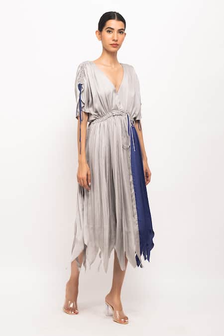 Neora By Nehal Chopra_Grey V-neck Colorblock Asymmetrical Angrakha Dress _Online_at_Aza_Fashions