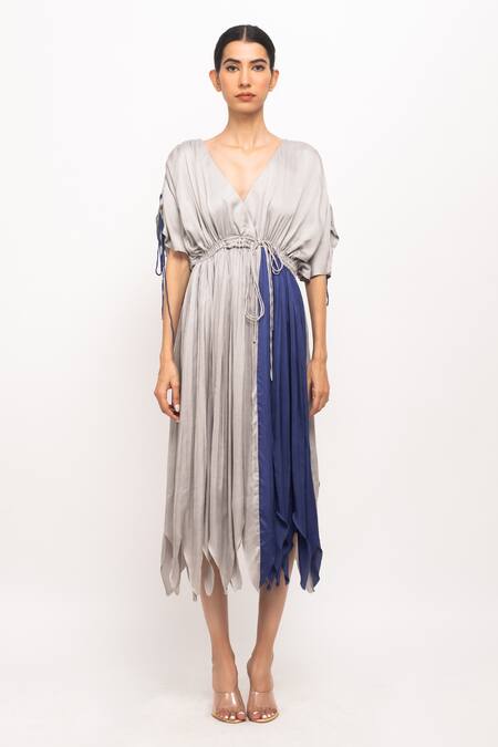 Buy_Neora By Nehal Chopra_Grey V-neck Colorblock Asymmetrical Angrakha Dress _Online_at_Aza_Fashions