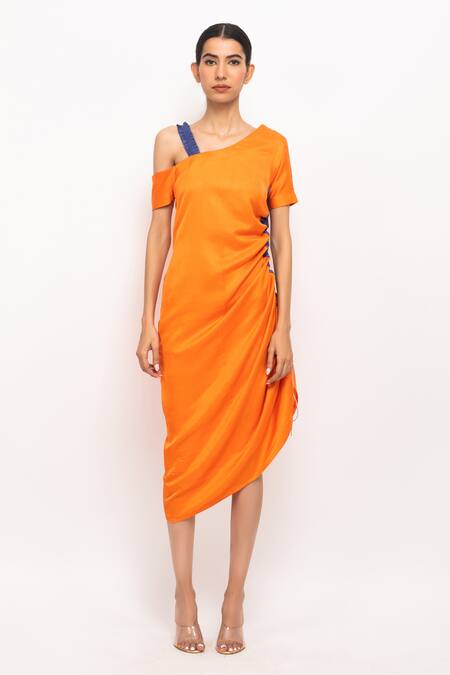 Neora By Nehal Chopra_Orange Bamboo, Modal Asymmetric Ruched Dress _Online_at_Aza_Fashions