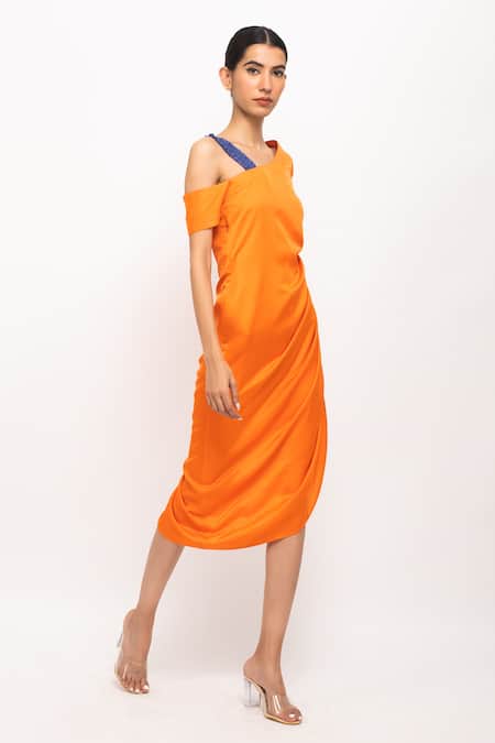 Buy_Neora By Nehal Chopra_Orange Bamboo, Modal Asymmetric Ruched Dress _Online_at_Aza_Fashions