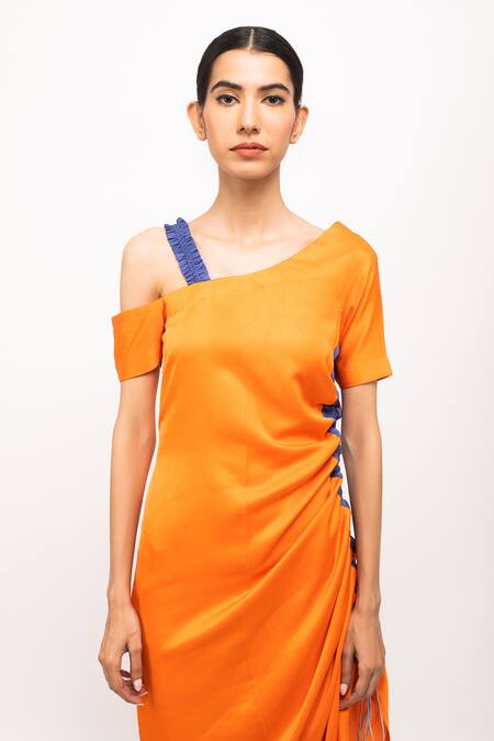 Shop_Neora By Nehal Chopra_Orange Bamboo, Modal Asymmetric Ruched Dress _Online_at_Aza_Fashions