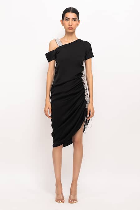 Neora By Nehal Chopra_Black Asymmetric Ruched Dress _Online_at_Aza_Fashions
