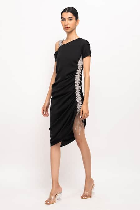 Buy_Neora By Nehal Chopra_Black Asymmetric Ruched Dress _Online_at_Aza_Fashions