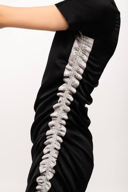 Shop_Neora By Nehal Chopra_Black Asymmetric Ruched Dress _Online_at_Aza_Fashions