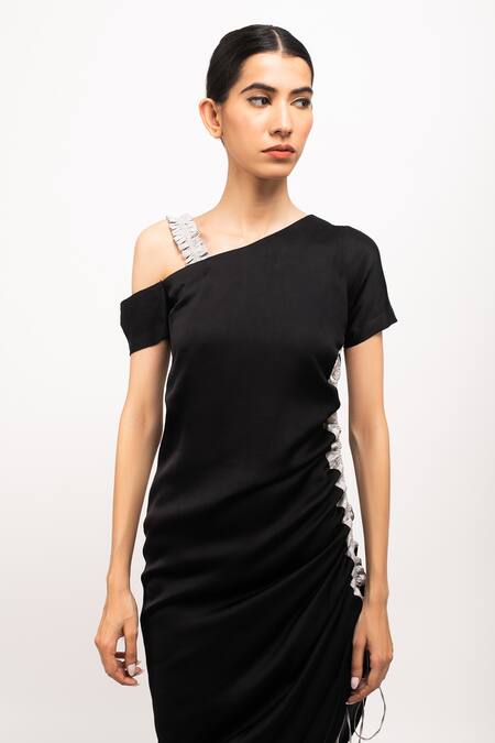 Neora By Nehal Chopra_Black Asymmetric Ruched Dress _at_Aza_Fashions