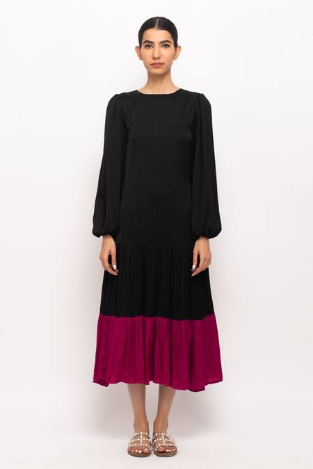 Neora By Nehal Chopra_Black Round Neck Gathered Dress _Online_at_Aza_Fashions