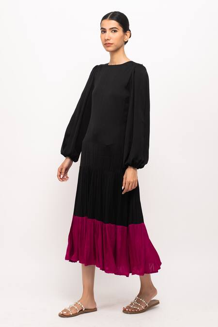 Buy_Neora By Nehal Chopra_Black Round Neck Gathered Dress _Online_at_Aza_Fashions