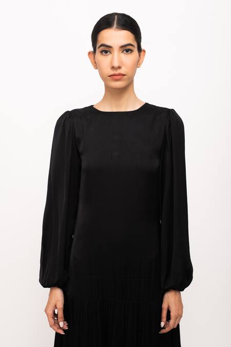 Shop_Neora By Nehal Chopra_Black Round Neck Gathered Dress _Online_at_Aza_Fashions