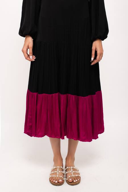 Neora By Nehal Chopra_Black Round Neck Gathered Dress _at_Aza_Fashions