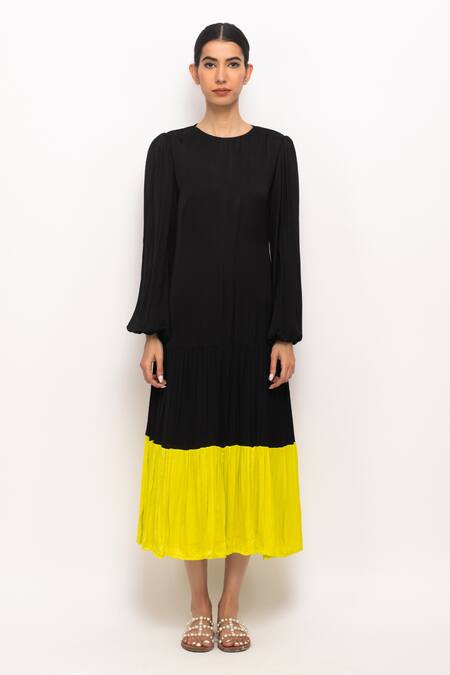 Neora By Nehal Chopra_Black Bamboo, Silk Round Neck Contrast Panel Dress _at_Aza_Fashions