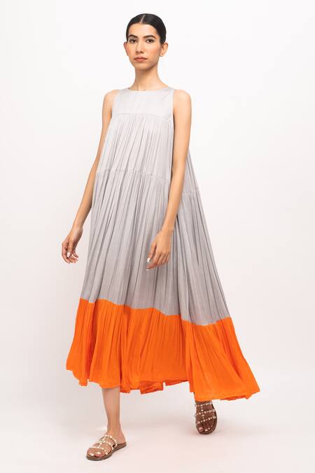 Buy_Neora By Nehal Chopra_Grey Lace Round Neck Tiered Gathered Dress _Online_at_Aza_Fashions