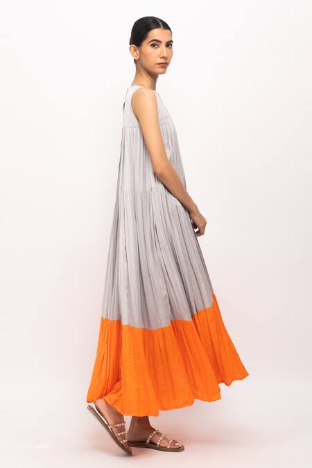 Shop_Neora By Nehal Chopra_Grey Lace Round Neck Tiered Gathered Dress _Online_at_Aza_Fashions