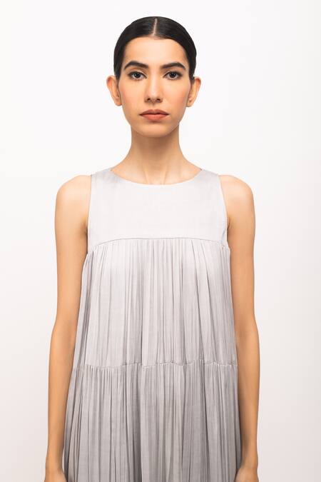 Neora By Nehal Chopra_Grey Lace Round Neck Tiered Gathered Dress _at_Aza_Fashions