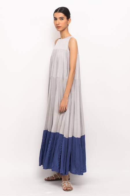 Buy_Neora By Nehal Chopra_Blue Embroidery Round Neck Colorblock Gathered Dress _Online_at_Aza_Fashions