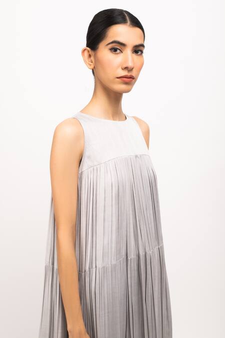 Shop_Neora By Nehal Chopra_Blue Embroidery Round Neck Colorblock Gathered Dress _Online_at_Aza_Fashions