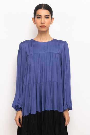 Neora By Nehal Chopra_Blue Round Neck Colorblock Gathered Short Dress _Online_at_Aza_Fashions