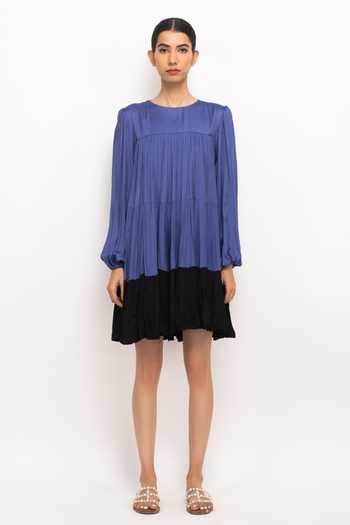 Buy_Neora By Nehal Chopra_Blue Round Neck Colorblock Gathered Short Dress _Online_at_Aza_Fashions