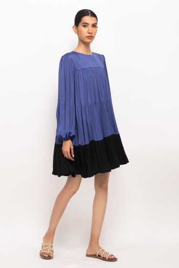 Shop_Neora By Nehal Chopra_Blue Round Neck Colorblock Gathered Short Dress _Online_at_Aza_Fashions