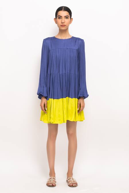 Neora By Nehal Chopra_Blue Fringe Round Neck Colorblock Gathered Dress _at_Aza_Fashions