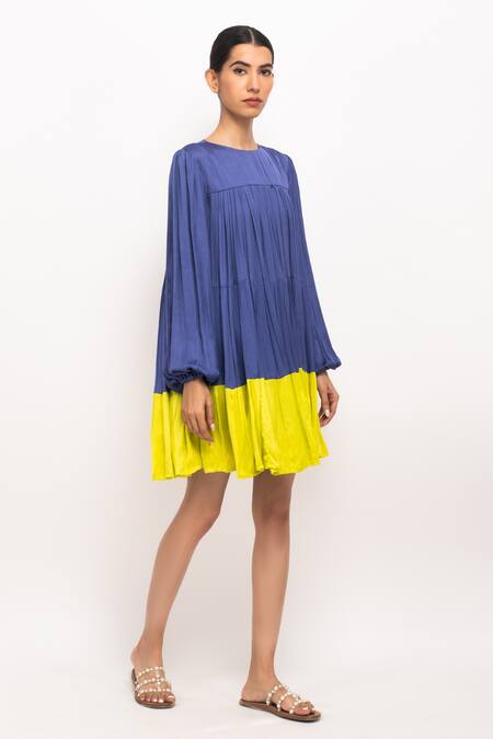 Shop_Neora By Nehal Chopra_Blue Fringe Round Neck Colorblock Gathered Dress _Online_at_Aza_Fashions