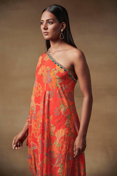 Saundh_Red Natural Crepe One Shoulder Floral Print Dress_Online_at_Aza_Fashions