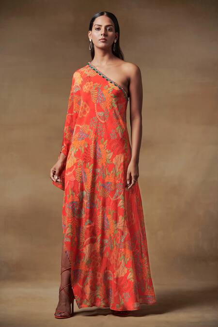 Buy_Saundh_Red Natural Crepe One Shoulder Floral Print Dress_Online_at_Aza_Fashions