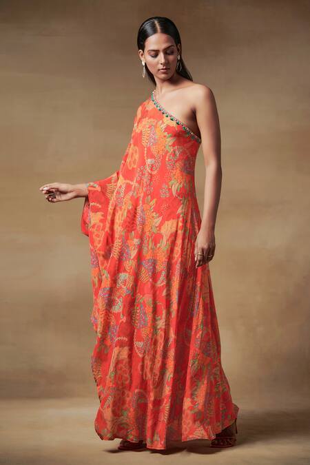 Shop_Saundh_Red Natural Crepe One Shoulder Floral Print Dress_Online_at_Aza_Fashions