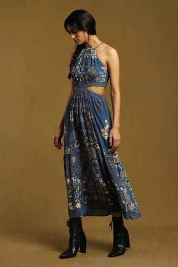 Ritu Kumar_Blue Rayon, Crepe Halter Neck Paisley Print Dress_Online_at_Aza_Fashions