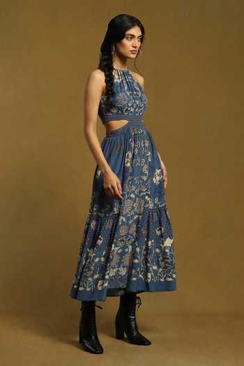 Buy_Ritu Kumar_Blue Rayon, Crepe Halter Neck Paisley Print Dress_Online_at_Aza_Fashions