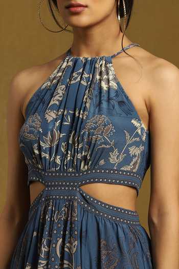 Shop_Ritu Kumar_Blue Rayon, Crepe Halter Neck Paisley Print Dress_Online_at_Aza_Fashions