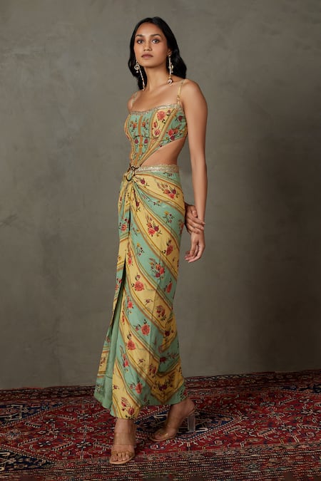 RI.Ritu Kumar_Green Silk, Viscose Embroidery Sweetheart Neck Dahlia Floral Print Cutout Dress _Online_at_Aza_Fashions