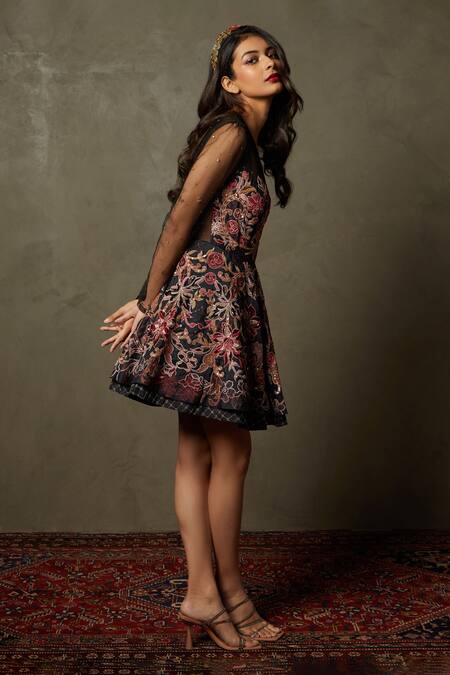 RI.Ritu Kumar_Black Flat Dupion Embroidered Floral/tropical V Neck Adenia Floral Dress _Online_at_Aza_Fashions