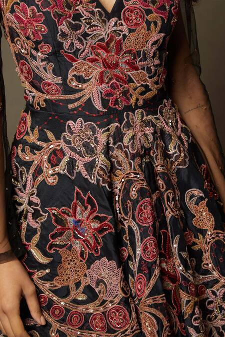RI.Ritu Kumar_Black Flat Dupion Embroidered Floral/tropical V Neck Adenia Floral Dress _at_Aza_Fashions