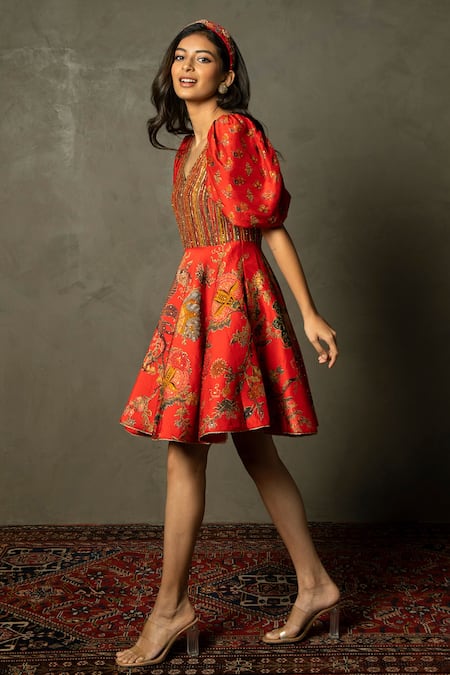 RI.Ritu Kumar_Red Embroidery, Sequins V-neck Romantic Flower Zardozi Dress _Online_at_Aza_Fashions