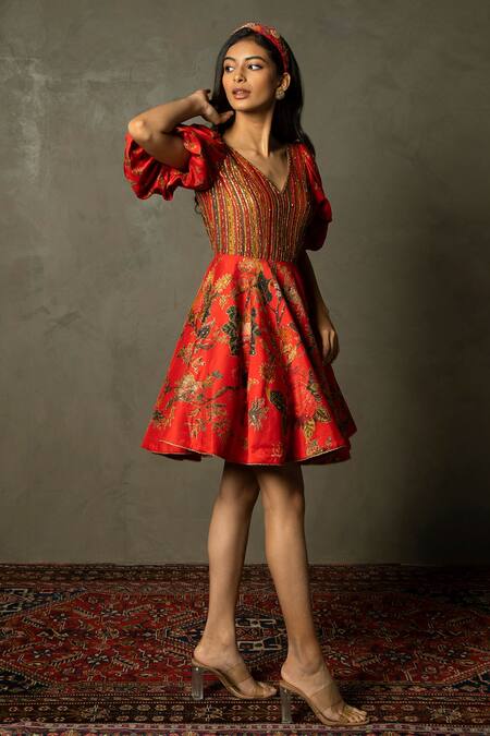 Buy_RI.Ritu Kumar_Red Embroidery, Sequins V-neck Romantic Flower Zardozi Dress _Online_at_Aza_Fashions