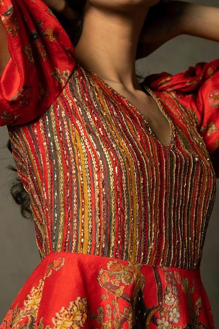 Shop_RI.Ritu Kumar_Red Embroidery, Sequins V-neck Romantic Flower Zardozi Dress _Online_at_Aza_Fashions