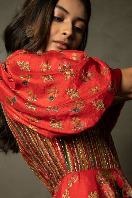 RI.Ritu Kumar_Red Embroidery, Sequins V-neck Romantic Flower Zardozi Dress _at_Aza_Fashions