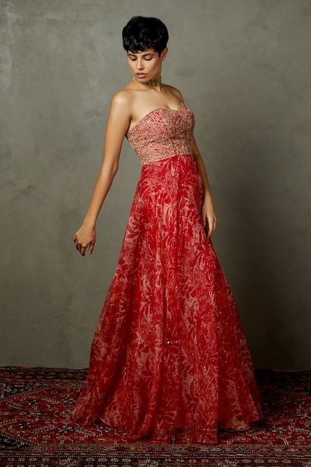 RI.Ritu Kumar_Red Viscose Printed Aari Sweetheart Magnolia Floral Embroidered Bandeau Dress _Online_at_Aza_Fashions