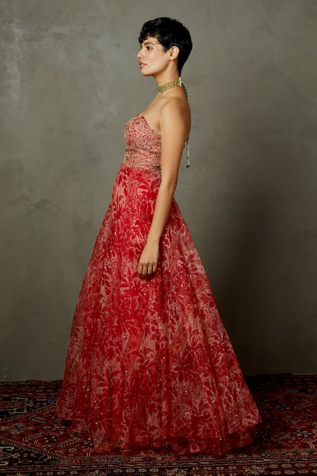 Buy_RI.Ritu Kumar_Red Viscose Printed Aari Sweetheart Magnolia Floral Embroidered Bandeau Dress _Online_at_Aza_Fashions