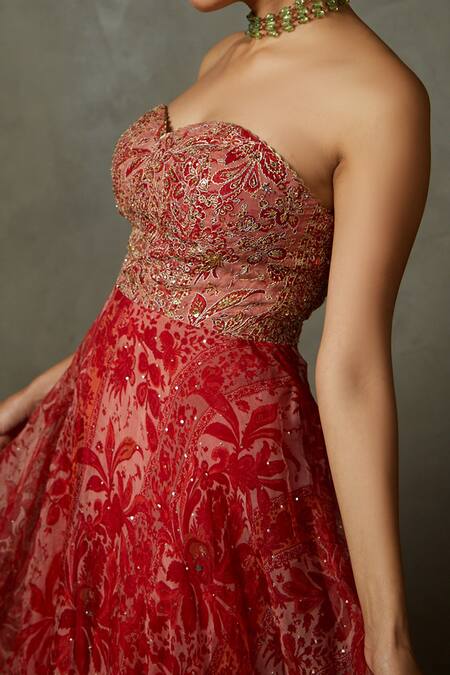 Shop_RI.Ritu Kumar_Red Viscose Printed Aari Sweetheart Magnolia Floral Embroidered Bandeau Dress _Online_at_Aza_Fashions