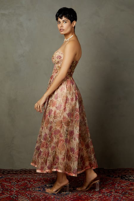 RI.Ritu Kumar_Pink Silk, Viscose Embroidery, Sequins Sweetheart Magnolia Flared Bandeau Dress _Online_at_Aza_Fashions