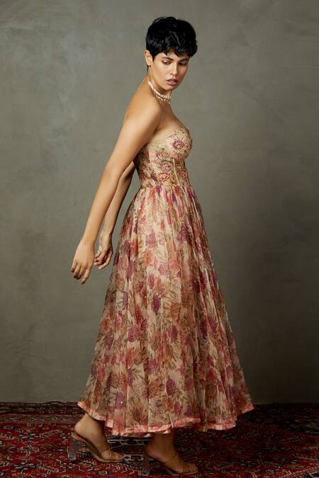 Buy_RI.Ritu Kumar_Pink Silk, Viscose Embroidery, Sequins Sweetheart Magnolia Flared Bandeau Dress _Online_at_Aza_Fashions