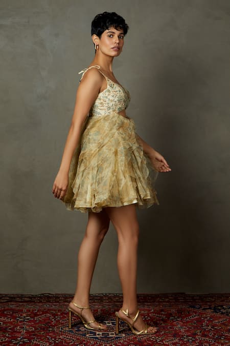 Buy_RI.Ritu Kumar_Beige Silk, Viscose Embroidery V-neck Aria Floral Ruffle Dress _Online_at_Aza_Fashions