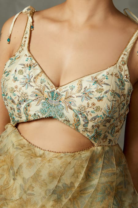 RI.Ritu Kumar_Beige Silk, Viscose Embroidery V-neck Aria Floral Ruffle Dress _at_Aza_Fashions