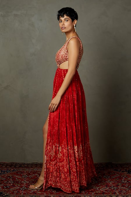 RI.Ritu Kumar_Red Chiffon, Viscose Embroidery Plunge Neck Villa Floral Dress _Online_at_Aza_Fashions