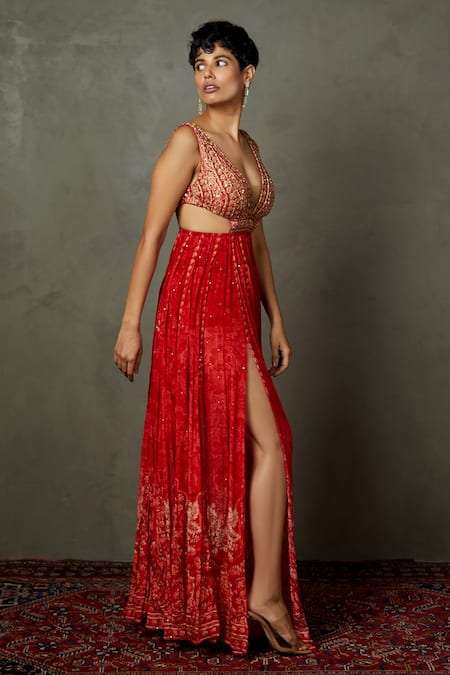 Buy_RI.Ritu Kumar_Red Chiffon, Viscose Embroidery Plunge Neck Villa Floral Dress _Online_at_Aza_Fashions