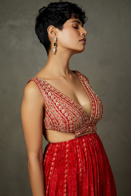 Shop_RI.Ritu Kumar_Red Chiffon, Viscose Embroidery Plunge Neck Villa Floral Dress _Online_at_Aza_Fashions