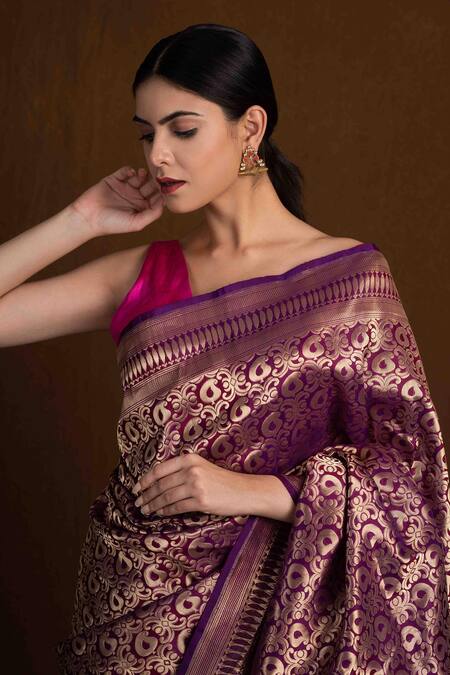 Buy Devissha Purple Pure Katan Silk Paisley Handloom Pattern Banarasi Saree Online at Aza Fashions Buy_Devissha_Purple Pure Katan Silk Paisley Handloom Pattern Banarasi Saree_Online_at_Aza_Fashions