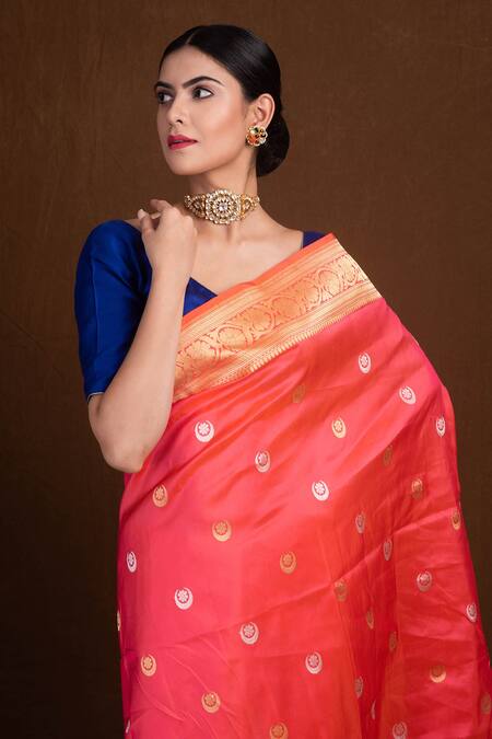 Devissha_Orange Pure Katan Silk Chand, Tara Handloom Banarasi Saree_Online_at_Aza_Fashions