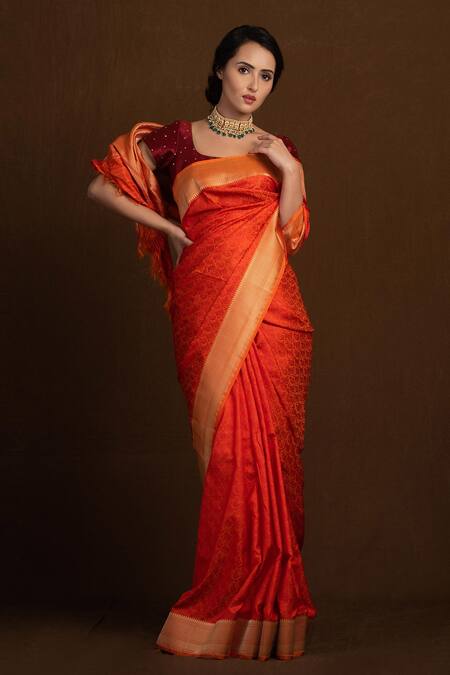 Devissha_Orange Pure Katan Silk Floral Tanchoi Handloom Banarasi Saree_Online_at_Aza_Fashions